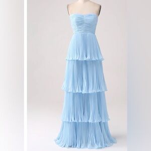 Strapless Light Blue Tiered Gown